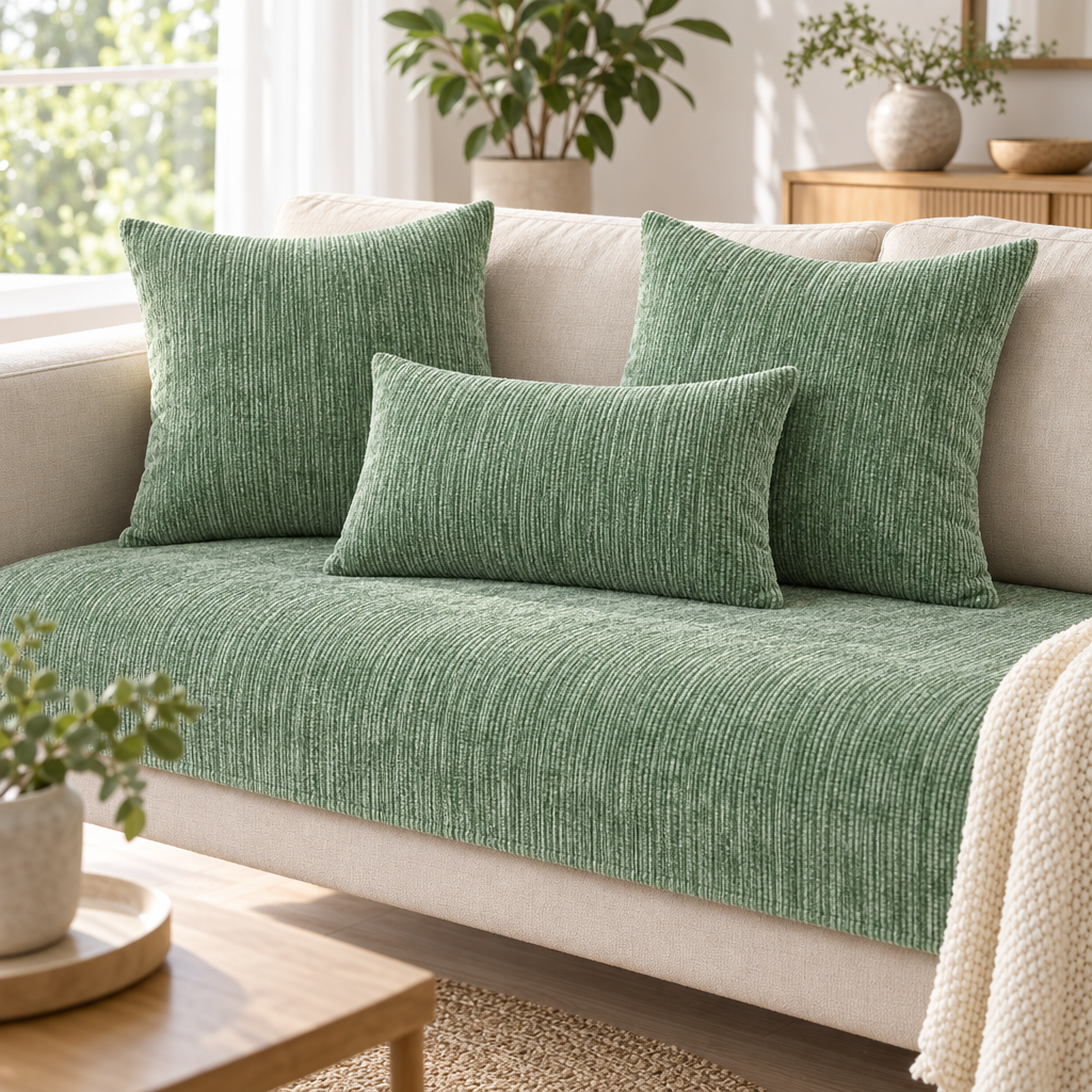 Kuddfodral i grön chenille på soffa med grönt soffskydd